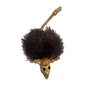 Vintage 50s/60s Genuine Mink Fur Mouse Pins Rhinestone Eyes Gold Tone Metal Tail